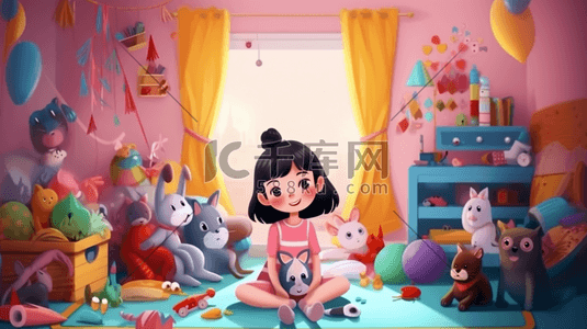 儿童节插画图片_儿童节卡通可爱小女孩卧室玩具