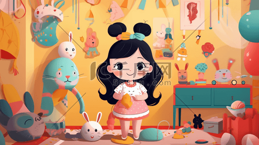 玩具61插画图片_儿童节卡通可爱小女孩卧室玩具