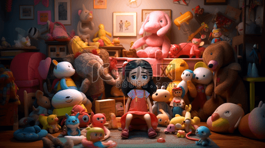 玩具插画图片_儿童节卡通可爱小女孩3D场景卧室玩具