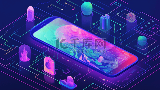 创插画图片_人与手机创意蓝紫色渐变2.5d插画