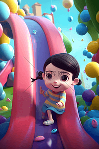 儿童节卡通可爱小女孩3D梦幻场景