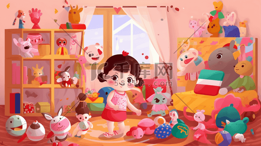 61彩色插画图片_儿童节卡通可爱小女孩卧室玩具