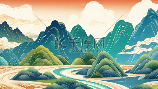 二十四节气山水插画图片_国潮中国风山水插画
