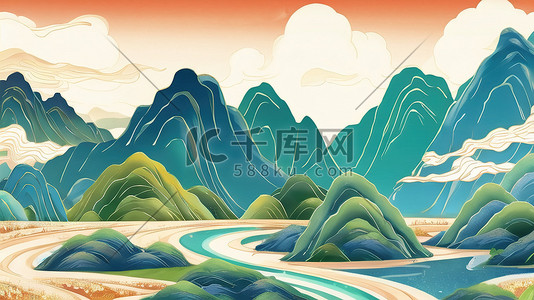 端午节国潮插画图片_国潮中国风山水插画