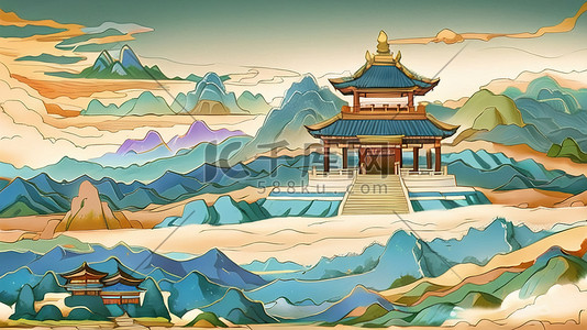 中国风橘色插画图片_国潮中国风山水风景插画