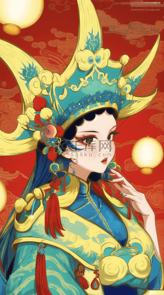 国潮京剧手绘插画