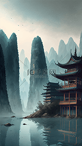 宫殿桂林山水水面风景