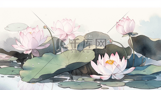 莲花cad插画图片_手绘国风莲花荷花夏天水彩