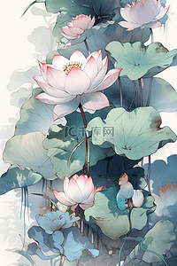 莲花清瘟插画图片_手绘国风莲花荷花夏天水彩