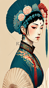 折扇底边插画图片_国潮风京剧女人折扇手绘插画