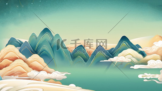 绿山水插画图片_国潮中国风山水插画