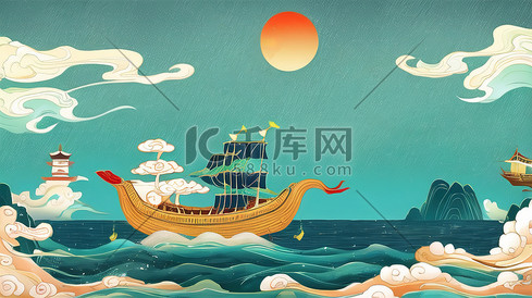 中国风国潮端午节龙舟山水插画