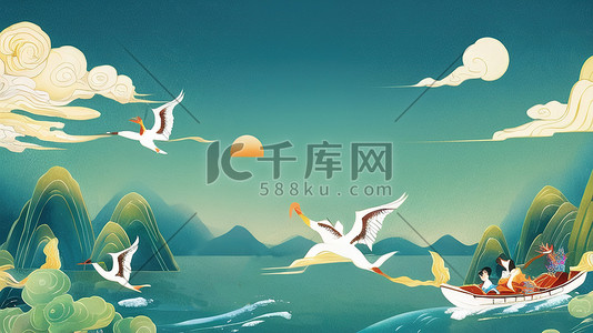 中国风国潮端午节龙舟山水插画