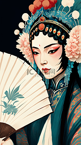 折扇插画图片_国潮风京剧女人折扇手绘插画