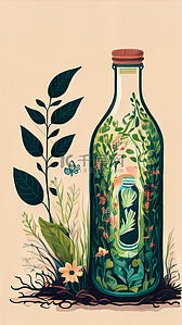橙子饮料瓶插画图片_瓶子和藤蔓植物花朵