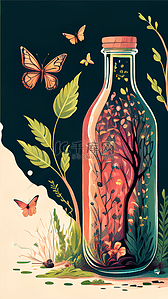 瓶身包装标签插画图片_瓶子和藤蔓植物花朵