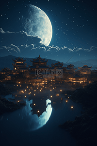 古代城楼插画图片_国潮中国古代建筑夜晚插画