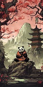 艺术熊猫插画图片_手绘亭子山熊猫图
