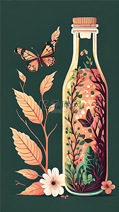 酸梅汤瓶子插画图片_瓶子和藤蔓植物花朵