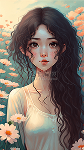 水彩女孩卷发插画图片_长发卷发女孩可爱插画