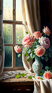 莫兰蒂色系插画图片_窗户窗帘和插花花瓶