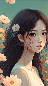 水彩女孩卷发插画图片_长发卷发女孩可爱插画