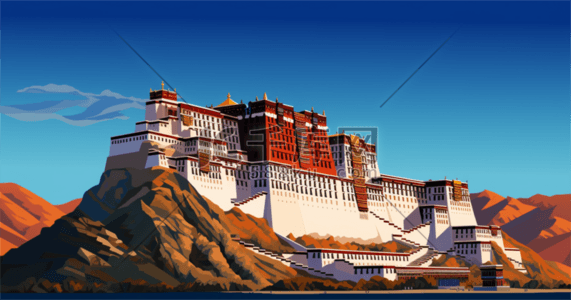西藏插画图片_扁平西藏布达拉宫风景插画