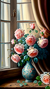 窗户窗帘和插花花瓶
