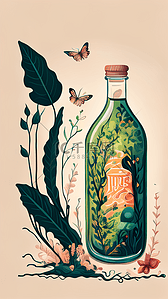 橙子饮料瓶插画图片_瓶子和藤蔓植物花朵