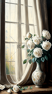 花束插花花瓶插画图片_窗户窗帘和插花花瓶
