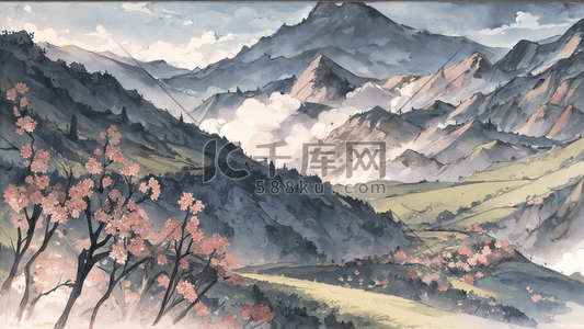 古风水墨水彩山水画