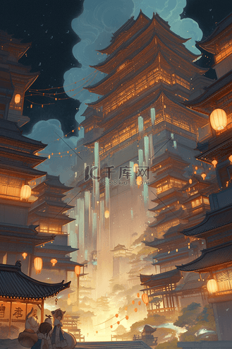 唯美插画秋天晚上的远观建筑下载原图免抠元素赛博朋克风格摩天大楼