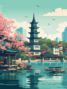 手绘风景中国风插画图片_中国风风景江南水乡