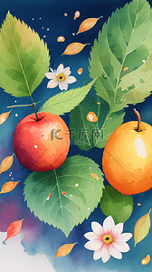 苹果的叶子插画图片_可爱的数字绘画果子和叶子