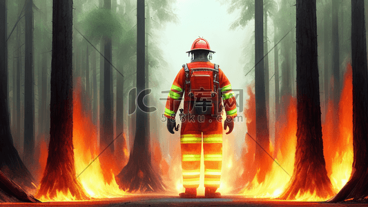 森林防火人人有责插画图片_森林防火消防员消防车