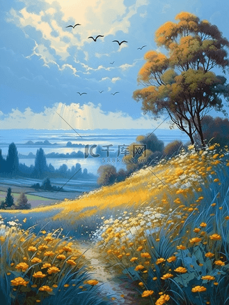 风景插画花海风景画