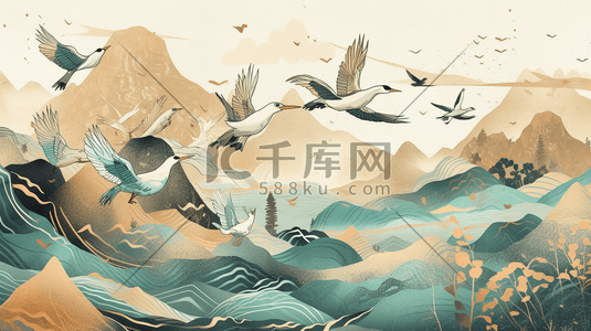 浮世绘山水插画图片_浮世绘水彩山水中式山水