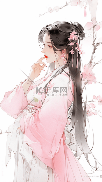 Sample手描きイラスト 水彩画 原画 赤色漢服の女の子 A4 たどり