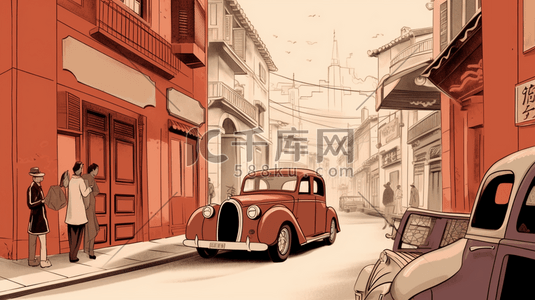 工业化时期插画图片_民国时期街道街景插画