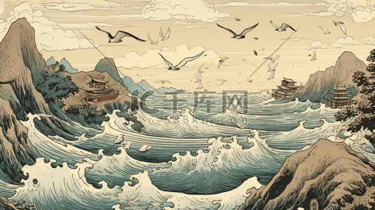 中式山峰插画图片_浮世绘水彩山水中式山水