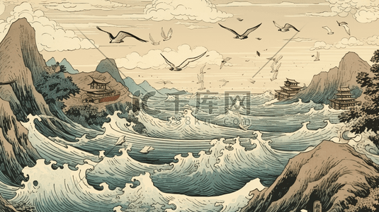 浮世绘山水插画图片_浮世绘水彩山水中式山水