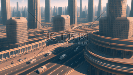 城市立交桥插画图片_未来城市街道建筑群