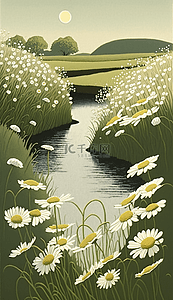 菊插画图片_插画风白色的雏菊风景