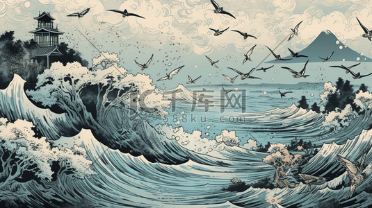 浮世绘插画图片_浮世绘水彩山水中式山水