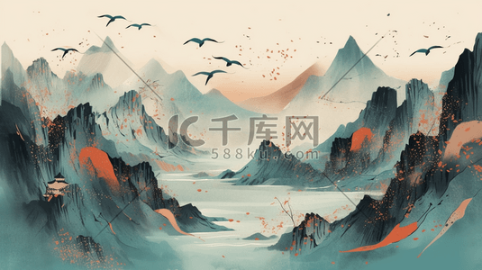 浮世绘山水插画图片_浮世绘水彩山水中式山水