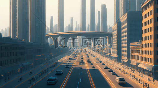 城市立交桥插画图片_未来城市街道建筑群