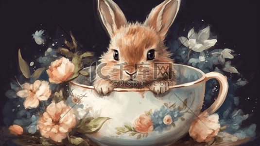 萌萌的兔子插画图片_可爱的萌宠茶杯小兔子