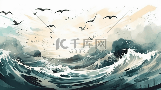 浪涛插画图片_水彩风大海海浪波浪