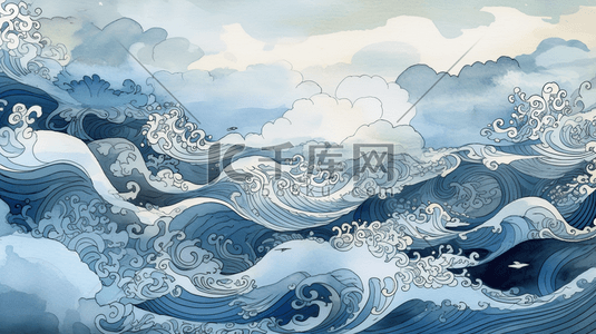 波浪形色块插画图片_水彩风大海海浪波浪