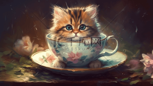 猫咪茶杯插画图片_水彩风可爱的萌宠茶杯小猫